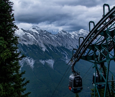 Banff Gondola with view of snowy mountains