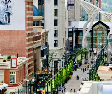 The lively Stephen Avenue with shops and entertainment