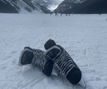 A pair of ice skates on the frozen lake louise