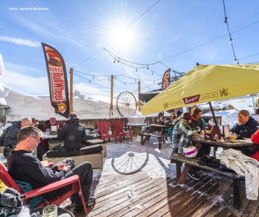 People relaxing on the balcony eating and drinking in the winter