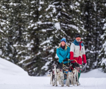 People enjoying dogsledding through trails