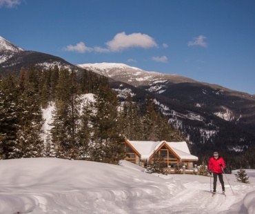 Man cross country skiing on groomed trail at Panorama Mountain Resort