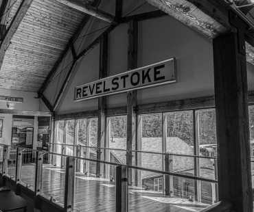 Revelstoke sign in B&W picture of the Railway Museum