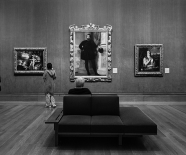 Black and white pictures of paintings inside the getty center in LA