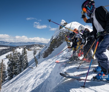 retro geared skiers ready to drop into the Mothership