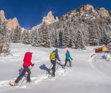 People trekking through deep snow in snowshoes