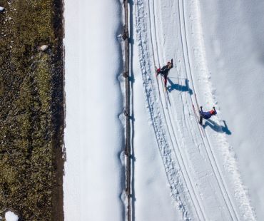 overview of cross country skiers on nordic trail