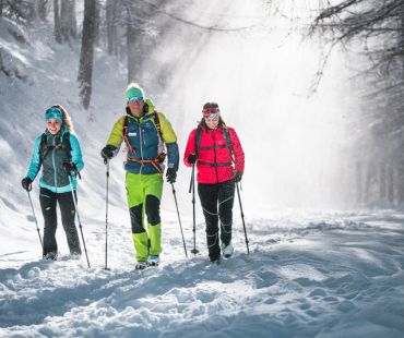 people trekking through the snowy trails