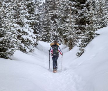 Person enjoying nature while using snowshoes to hike through winter wonderland