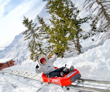 person racing down on winter luge